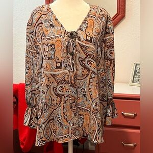 Cato Paisley Tie-Front Blouse in Orange, Black, Cream